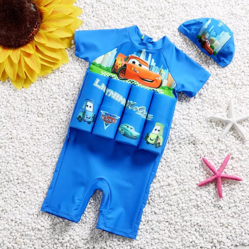 Maillot flottant SafeSwim bleu pour enfant, sécurité aquatique et apprentissage natation piscine.