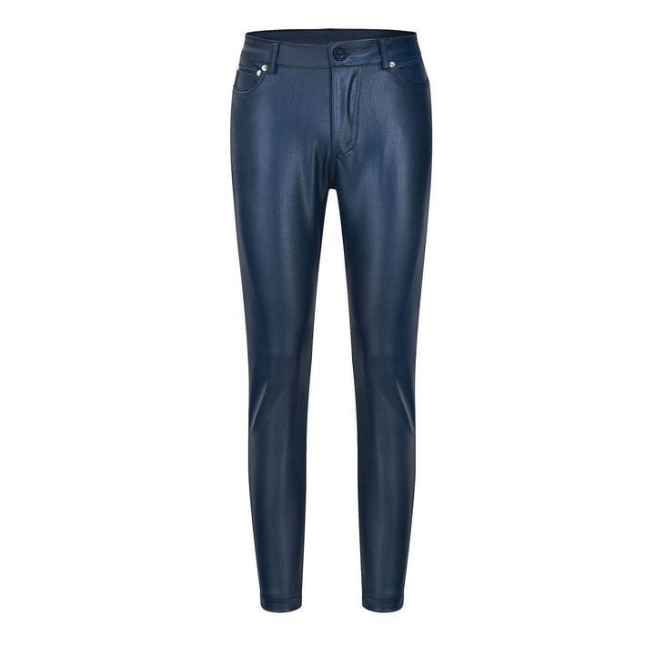Dos: Legging femme en similicuir bleu, silhouette ajustée, confortable pour le quotidien.