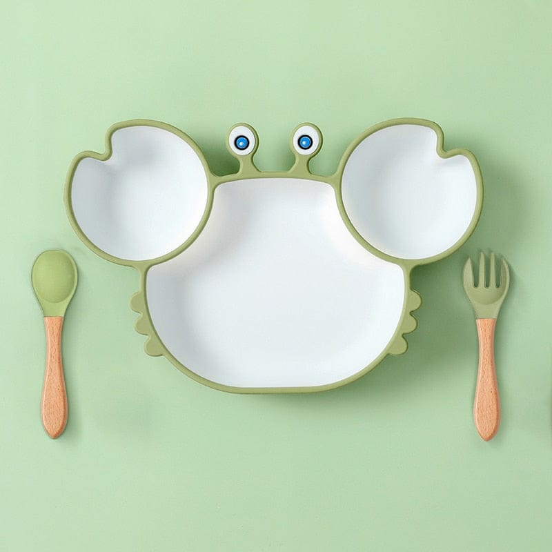 Assiette repas enfant en silicone souple, design crabe rouge. Facile à nettoyer, parfaite pour l'alimentation de bébé.
