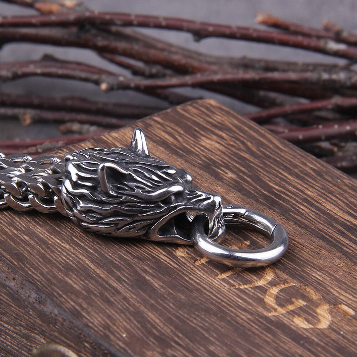 Bracelet viking en argent pour hommes, pendentif Loup Fenrir détaillé. Bijou de mythologie nordique.