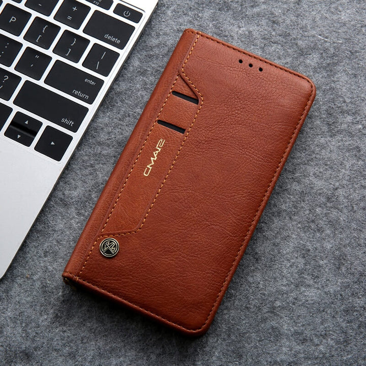 Étui de téléphone en cuir véritable pour iPhone, rabat protecteur et système magnétique.