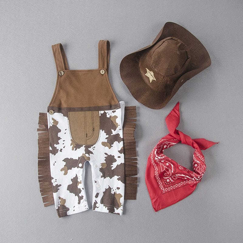 Ensemble déguisement Far West pour bébé fille ou garçon, avec chapeau cowboy, salopette et foulard, fête garantie.