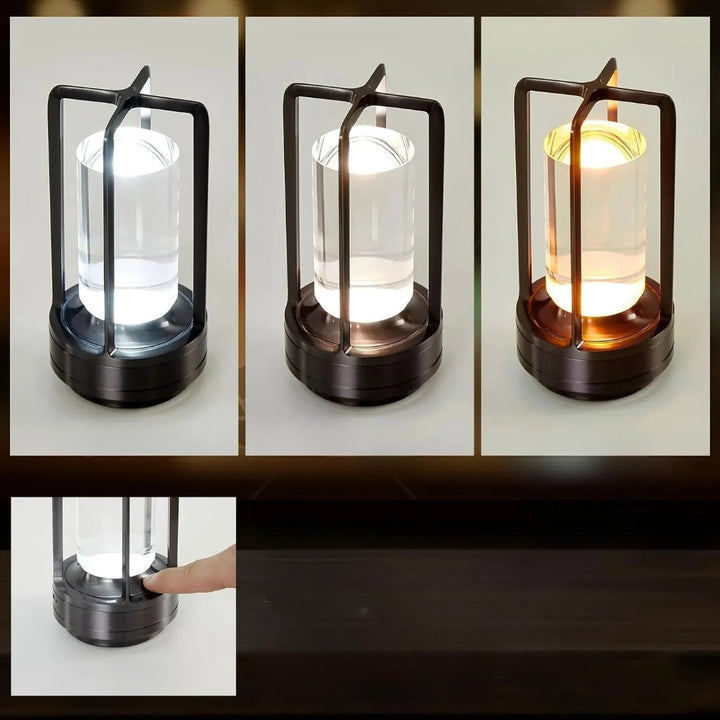 Lampe LED moderne et sans fil, rechargeable, avec contrôle tactile pour table d'extérieur élégante.