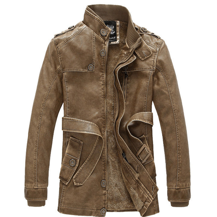 Manteau homme noir en cuir, coupe mi-longue et col montant. Vêtement d'hiver élégant et urbain.