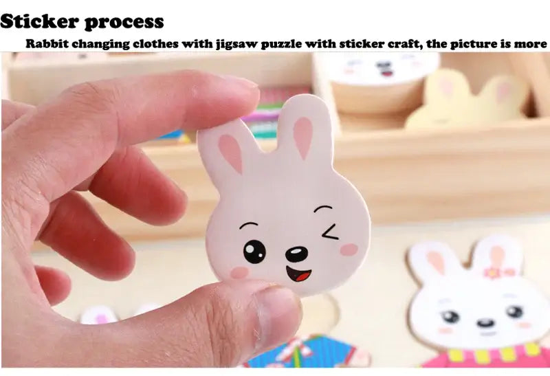 Lapin en bois puzzle, jouet d'habillage pour enfant. Apprentissage ludique et créatif.