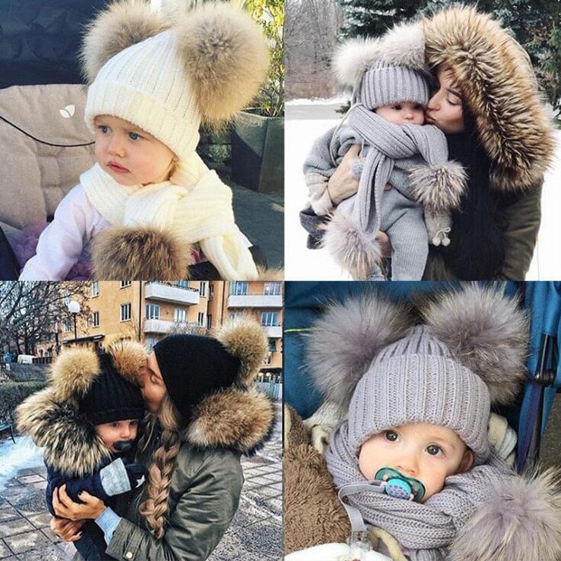 Bonnet bébé avec pompon et écharpe assortie en polaire ultra-douce. Protection hivernale et mode enfant.