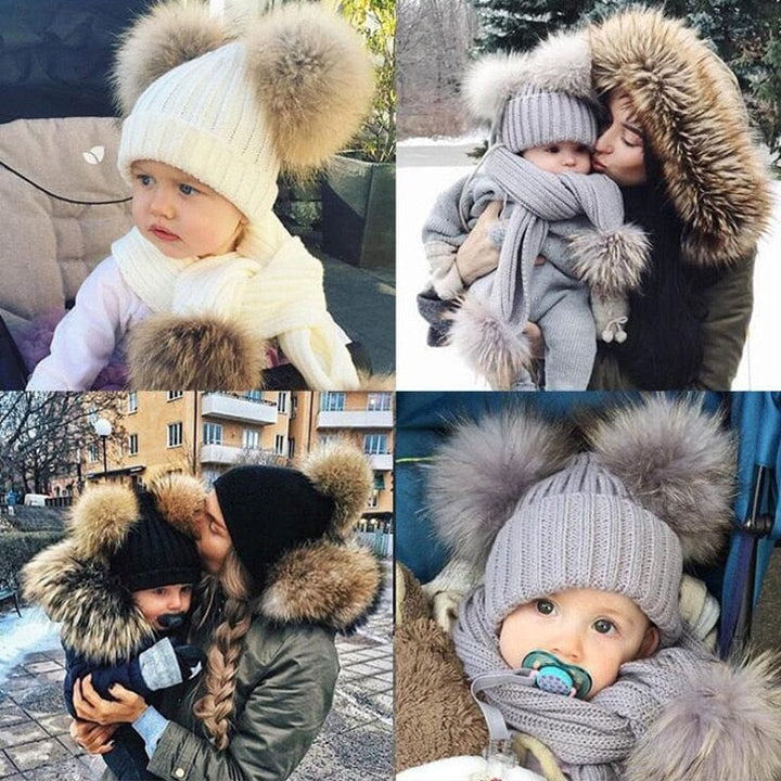 Bonnet bébé avec pompon et écharpe assortie en polaire ultra-douce. Protection hivernale et mode enfant.