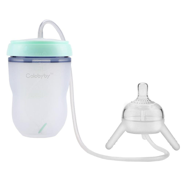 Biberon anti-colique mains-libres en silicone pour bébé, favorisant une digestion saine et l'allaitement.
