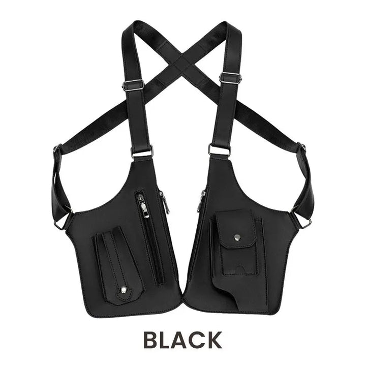 Sac à bandoulière ouvert, révélant ses poches intérieures et extérieures, parfait pour l'organisation.
