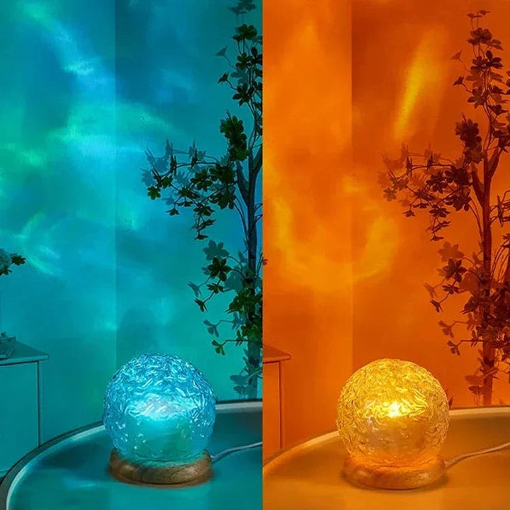 Lampe LED décorative projetant des vagues d'eau apaisantes pour une ambiance de relaxation unique et une belle lumière.