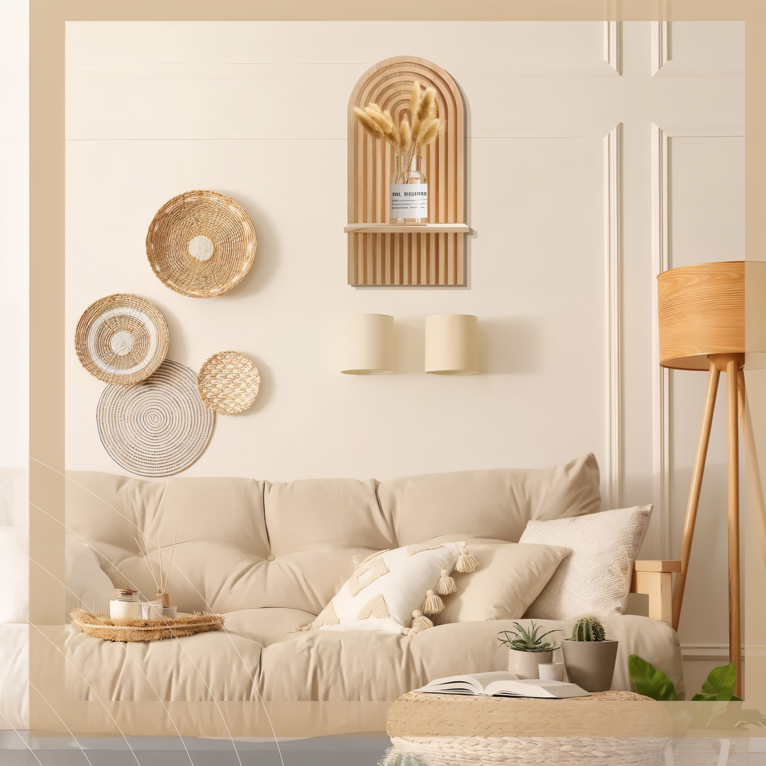Étagère murale ArchiLine en bois clair, style minimaliste scandinave et bohème, idéale pour décoration intérieure.