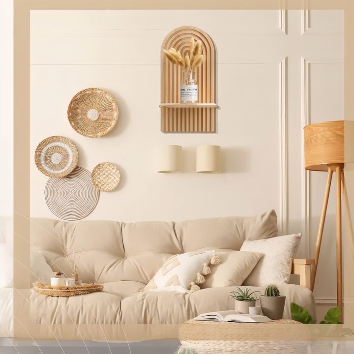 Étagère murale ArchiLine en bois clair, style minimaliste scandinave et bohème, idéale pour décoration intérieure.
