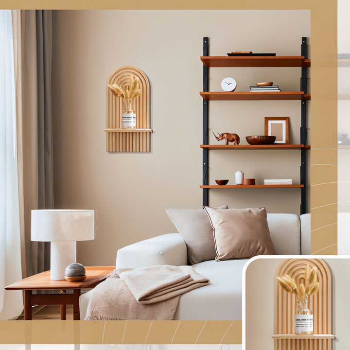 Meuble de rangement mural ArchiLine pour salon, étagère en bois design bohème, parfaite pour organiser votre espace.