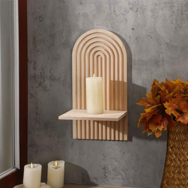 Étagère murale ArchiLine en bois, design scandinave bohème pour un rangement élégant du salon. Optimise l'espace.