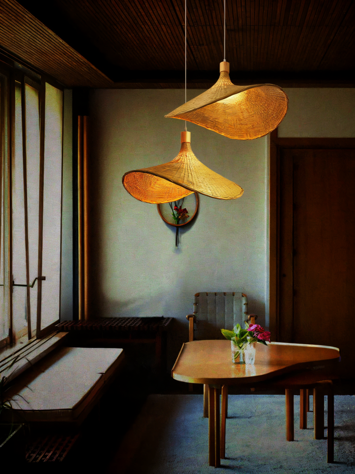 Luminaire naturel en bambou et rotin, offrant un éclairage doux et une ambiance cosy.