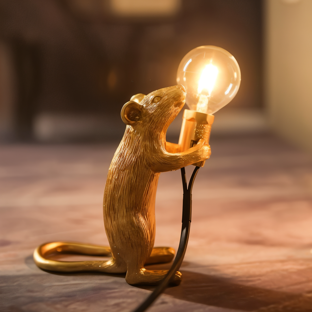 Lampe de bureau souris vintage en résine, design animal original pour un éclairage doux et décoratif.