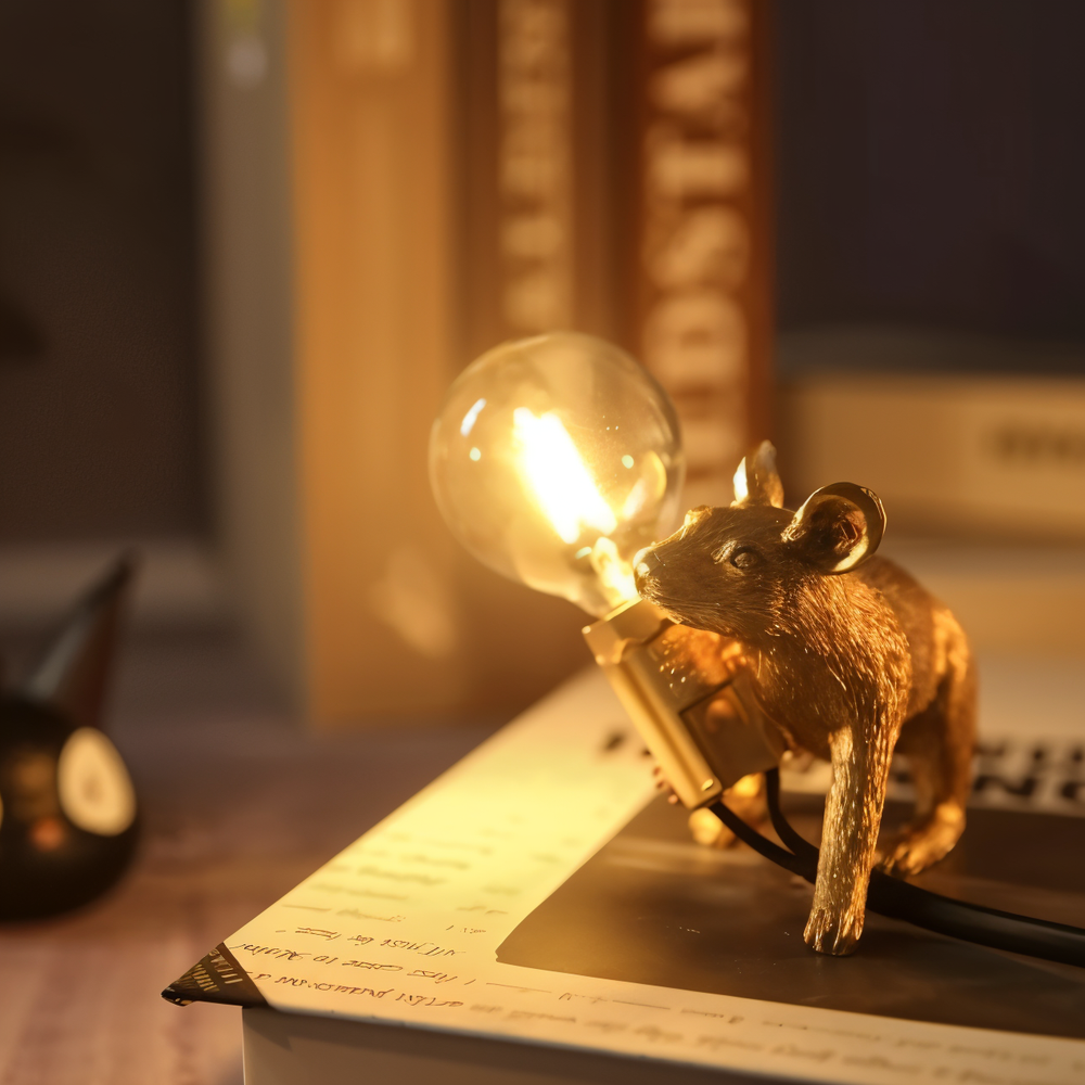 Lampe de chevet souris vintage en résine, décoration unique et éclairage d'ambiance.