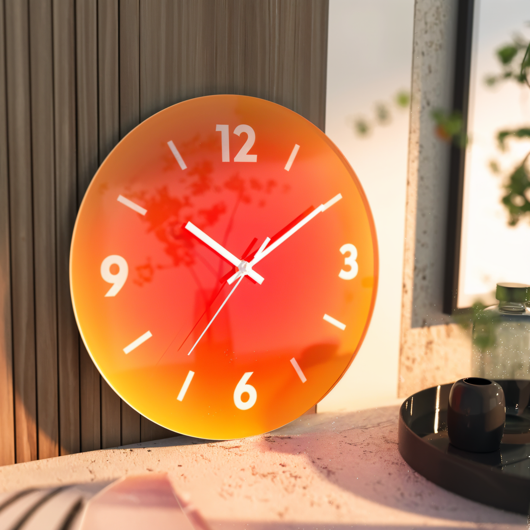 Horloge murale en verre à quartz avec dégradé de couleurs vives. Silencieuse, idéale pour une touche moderne de décoration murale.