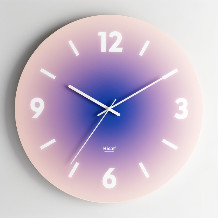 Horloge murale silencieuse en verre, dégradé de couleurs douces. S'intègre parfaitement à une décoration moderne de chambre/bureau.
