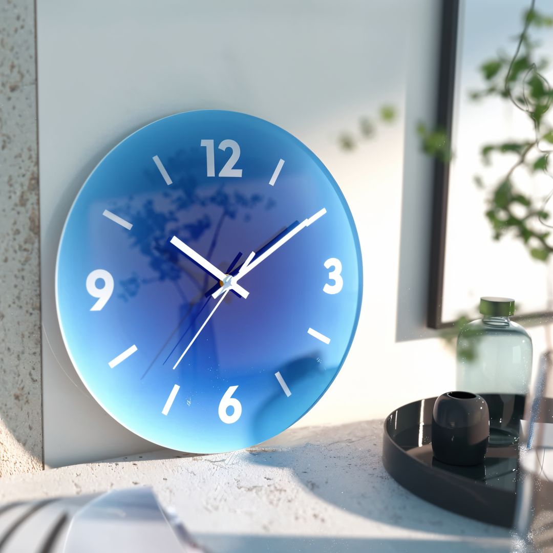Décoration murale : Horloge silencieuse en verre, design coloré dégradé. Apporte modernité et calme à votre intérieur.