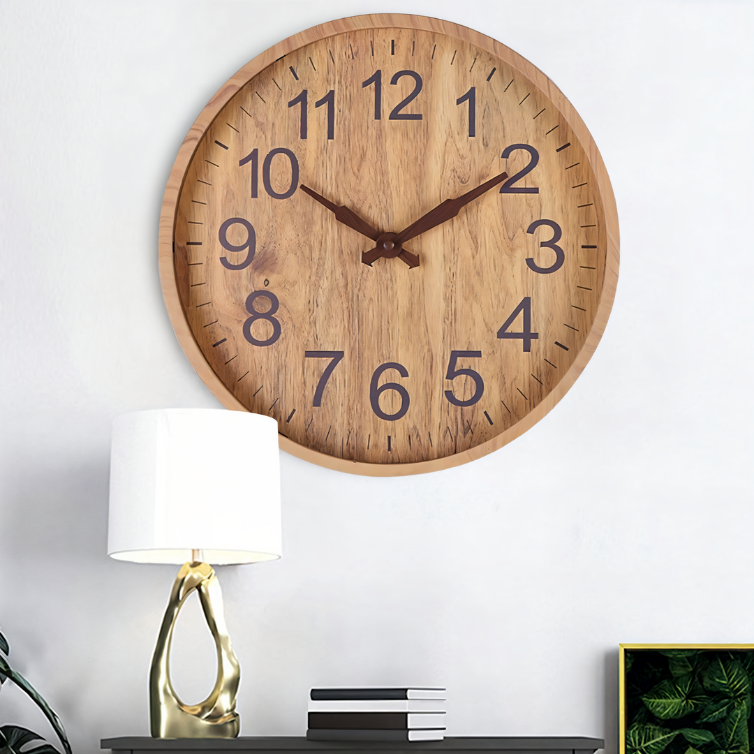 Idée cadeau déco: horloge murale ronde silencieuse en bois, style scandinave, embellit n'importe quel bureau.
