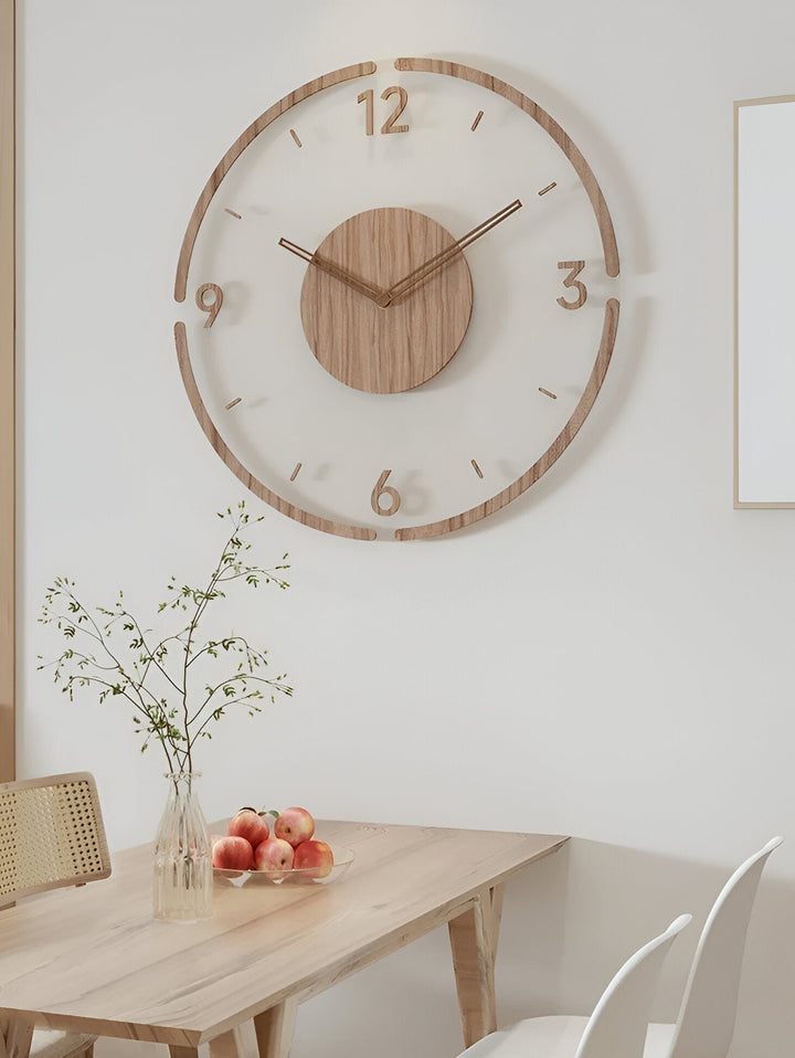 Horloge de chambre silencieuse en bois et acrylique, design moderne scandinave élégant.