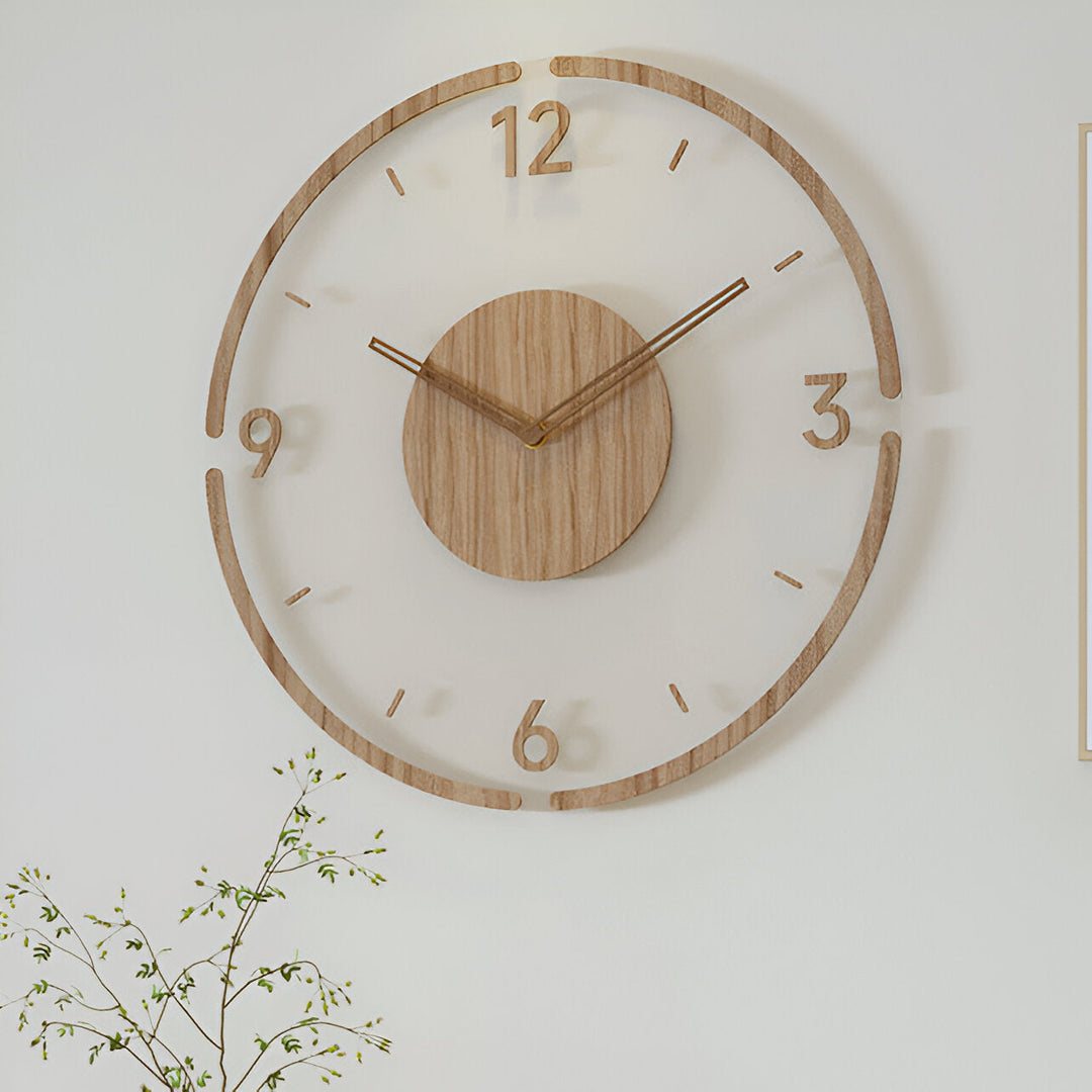 Horloge murale moderne silencieuse, fusion acrylique et bois, idéale pour chambre ou salon.