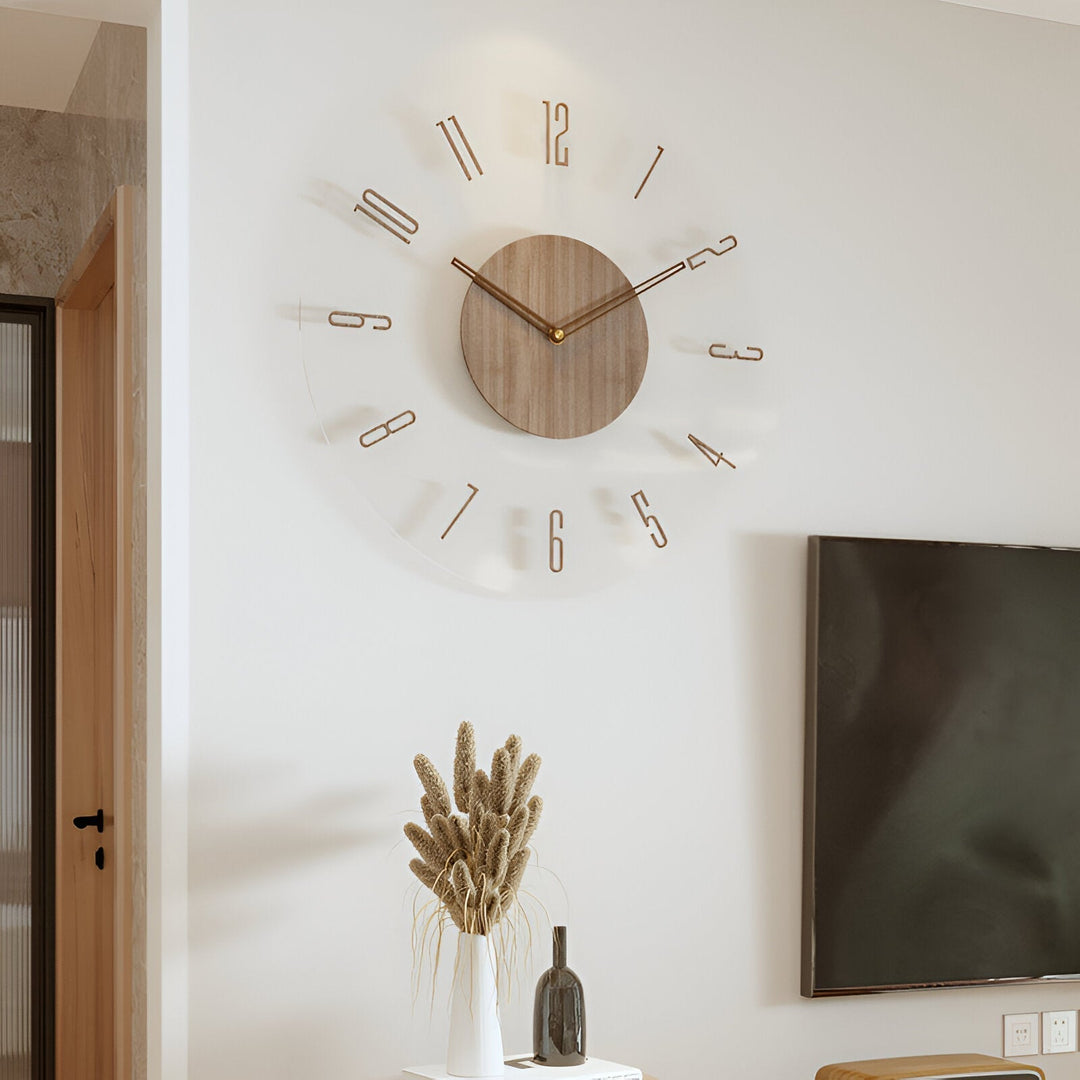 Horloge murale scandinave silencieuse, en bois et acrylique, design pur et fonctionnel.