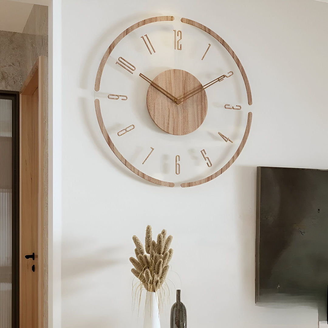 Horloge murale moderne silencieuse en acrylique et bois, design scandinave pour salon.