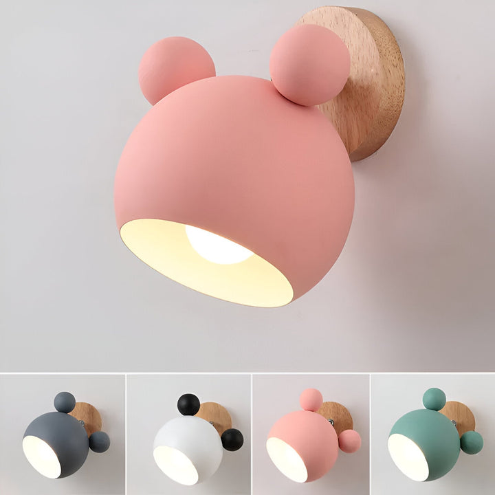 Applique murale pivotante macaron grise, design souris, LED, éclairage doux pour chambre d'enfant.