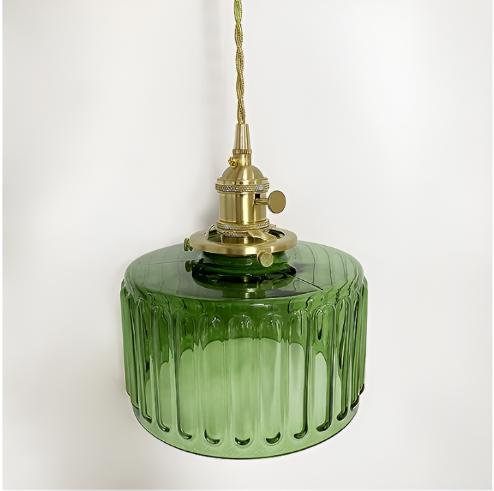 Luminaire suspension cylindrique vert vintage GlamourGlass, idéal pour une décoration intérieure colorée.