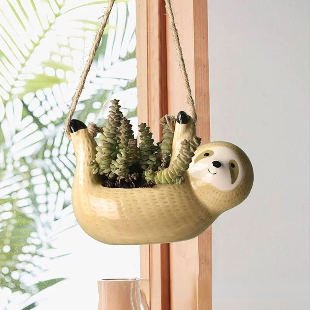 Pot de fleurs en céramique kaki, design paresseux mignon, idéal pour succulente ou cactus de bureau.