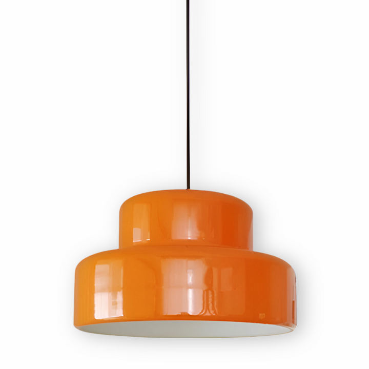 Vue latérale suspension rétro orange E27 en métal. Design élégant pour un éclairage d'ambiance moderne.