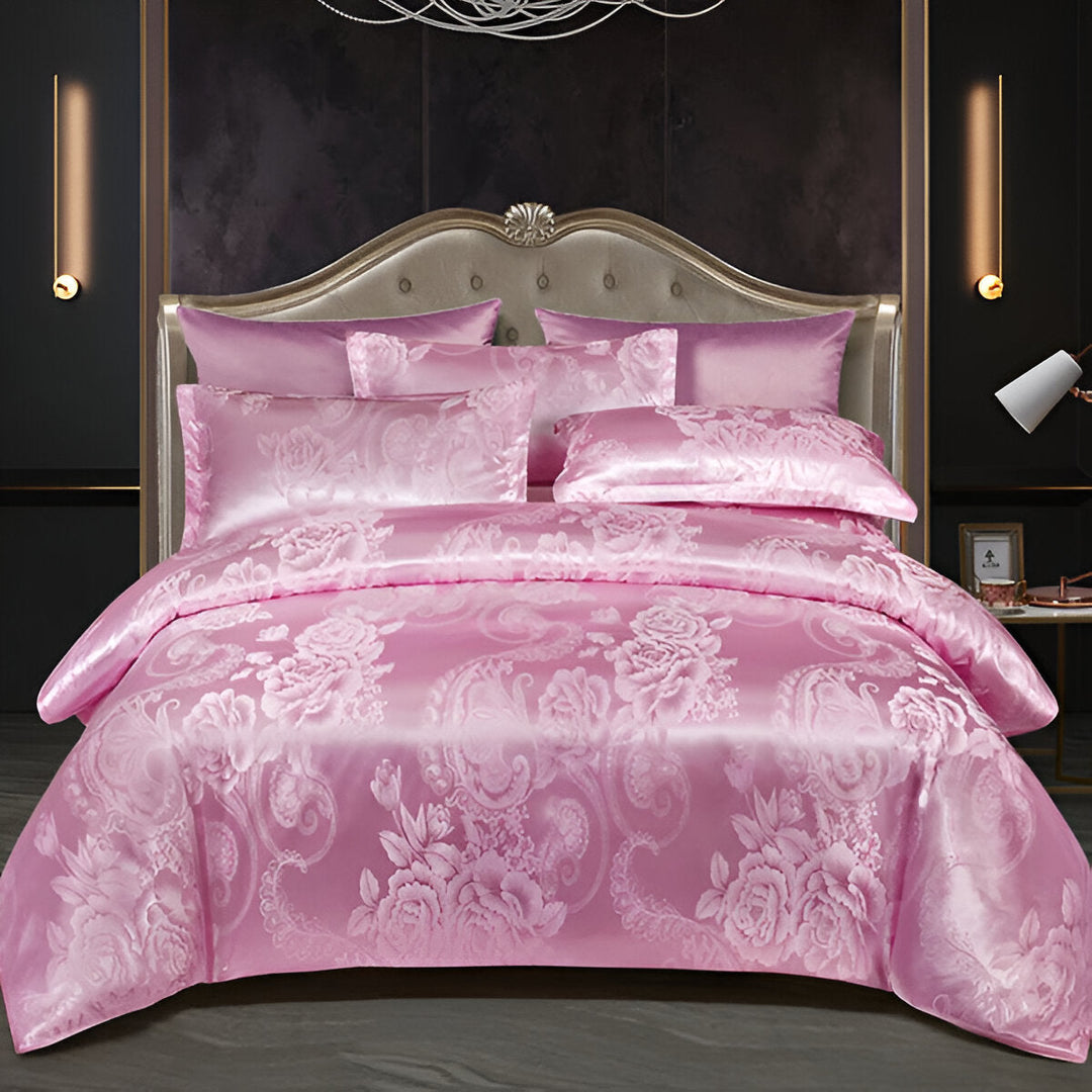 Housse de couette de luxe satin jacquard, motif sophistiqué pour une décoration de chambre réussie.