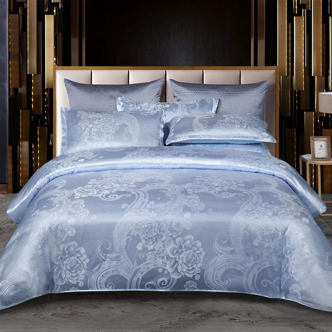Housse de couette et taies d'oreiller satin jacquard, textile maison de qualité supérieure et luxe.