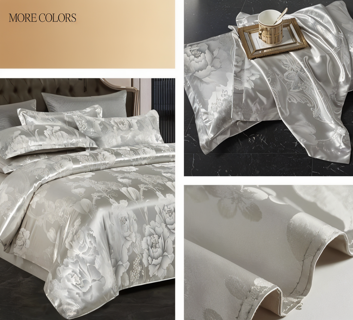 Literie haut de gamme: housse de couette satin jacquard, pour un confort et style inégalés en chambre.