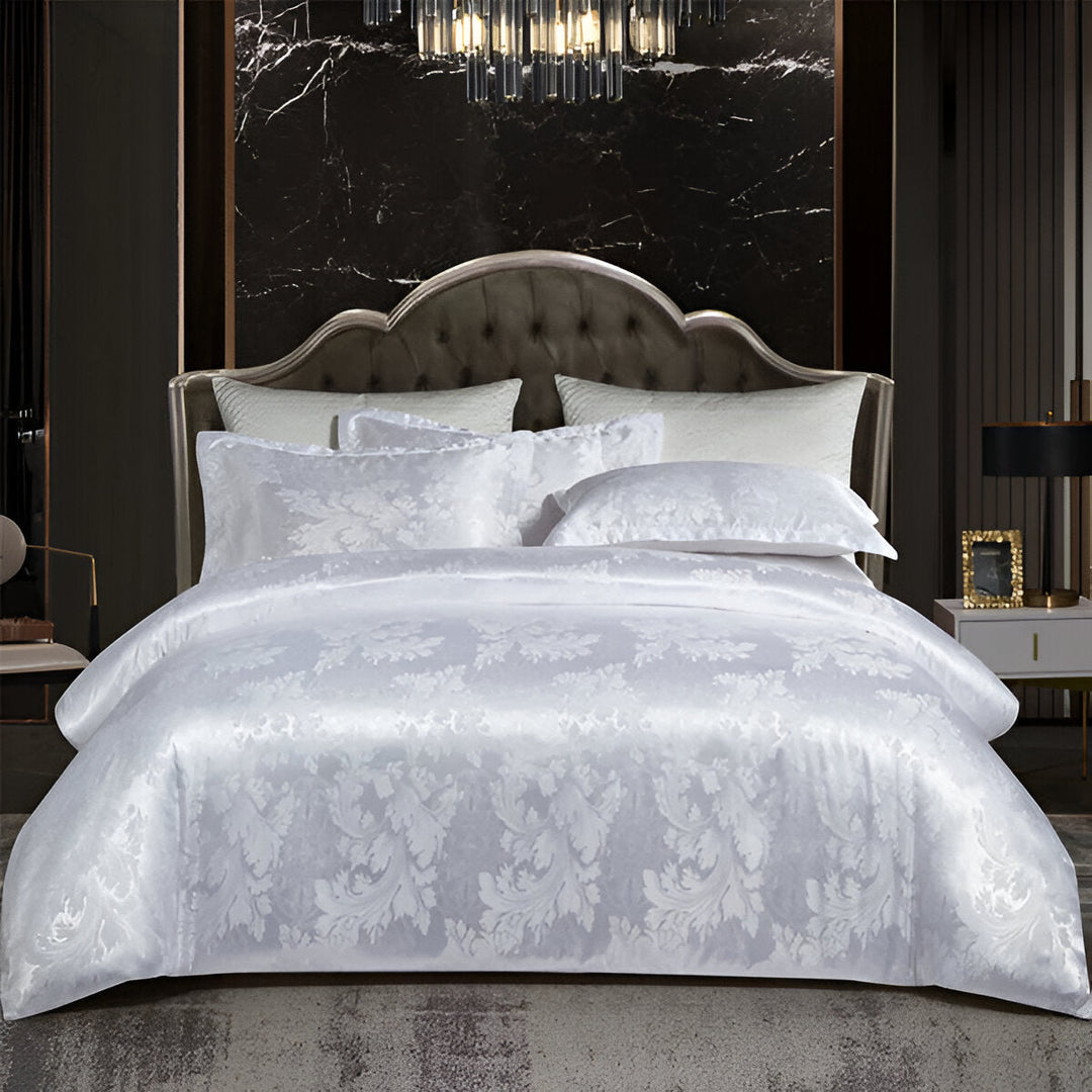 Housse de couette et taies satin jacquard, ensemble doux pour un sommeil paisible et réparateur.