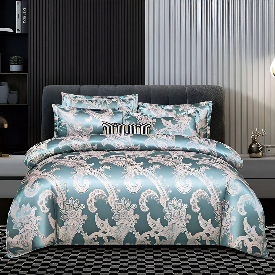 Ensemble literie satin jacquard, confort et élégance pour votre chambre à coucher et vos nuits.