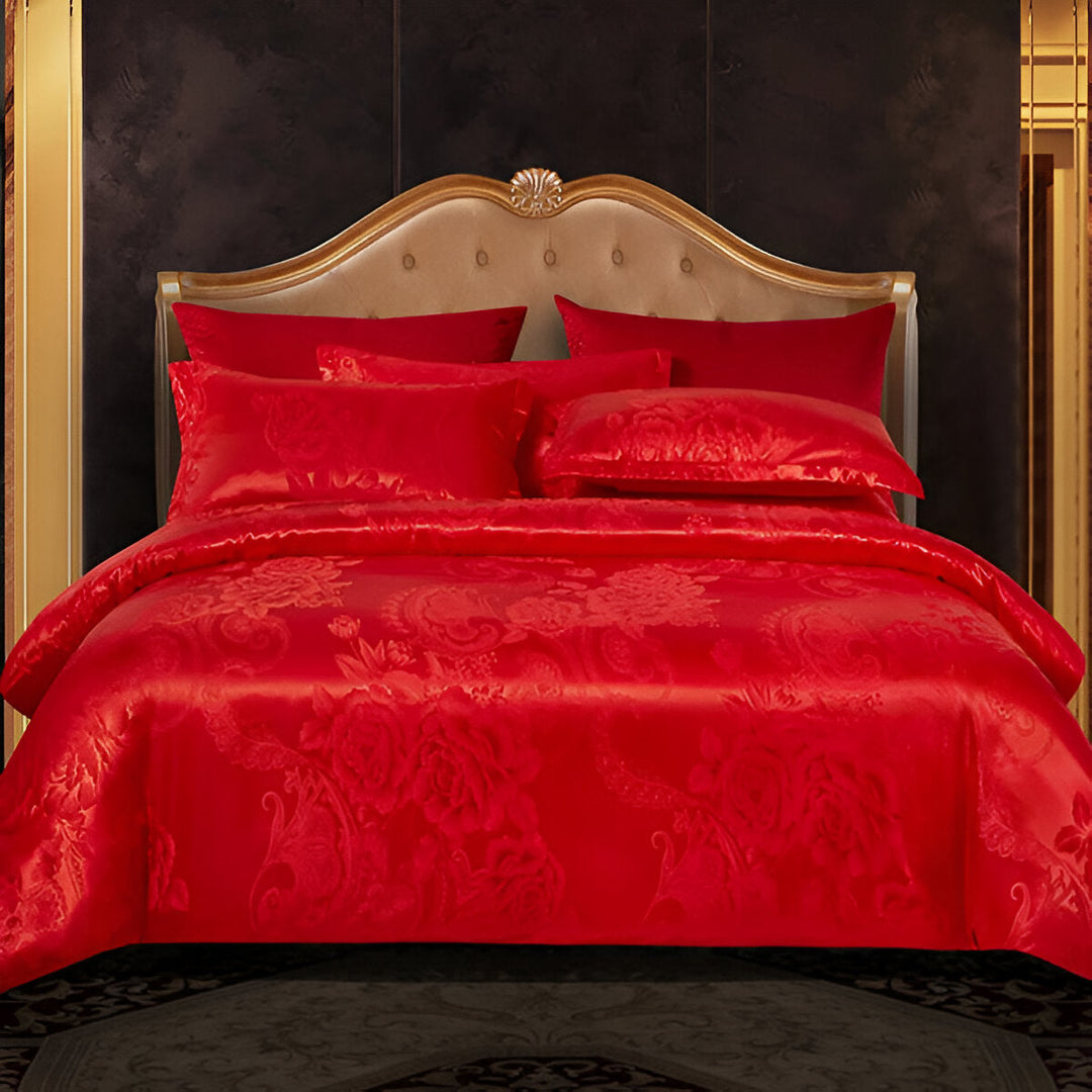 Ensemble literie de luxe, satin jacquard pour une chambre chic, confortable et une belle décoration.