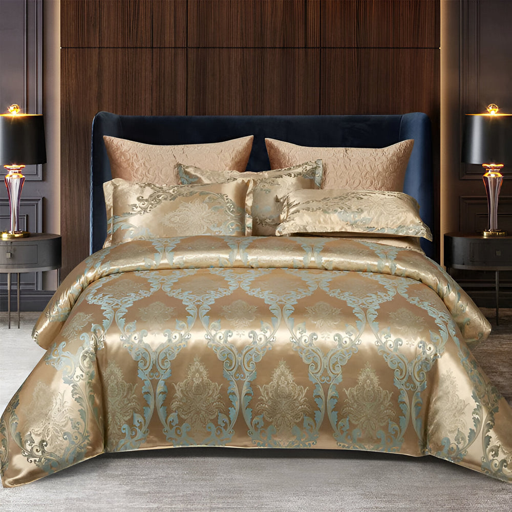 Housse de couette satinée jacquard avec taies d'oreiller, confort et douceur du linge de lit de luxe.