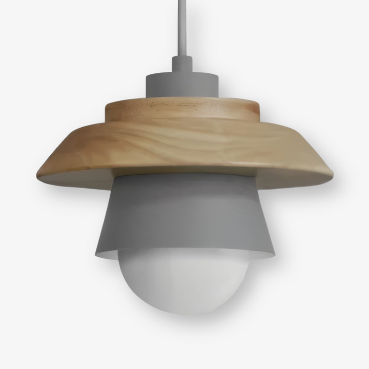 Plafonnier macaron, suspension design scandinave bois et métal, ambiance lumineuse douce.