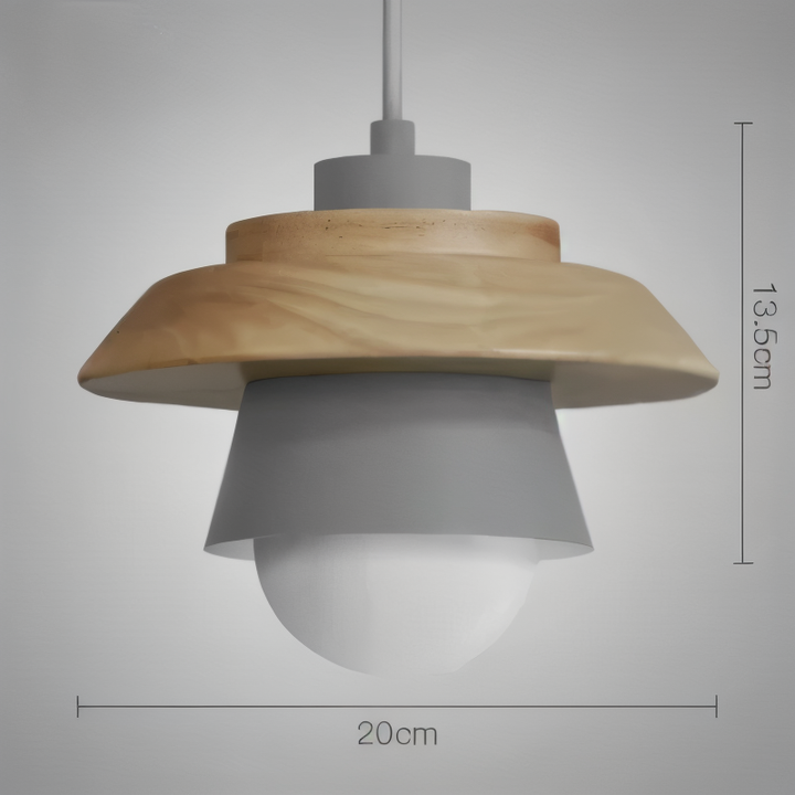 Luminaire macaron bois/métal, suspension scandinave pour une ambiance intérieure moderne.