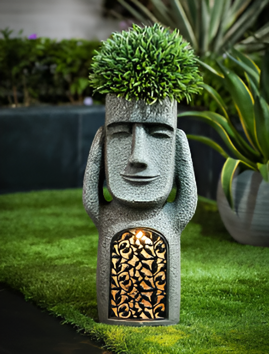 Décoration jardin Moai solaire, apporte une lumière douce et une ambiance zen à votre espace extérieur.