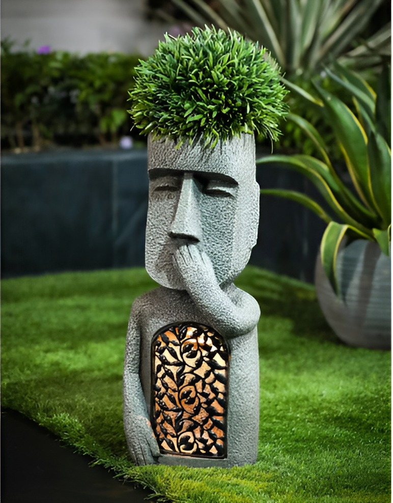 Statue Moai en résine durable, éclairage solaire extérieur résistant aux intempéries pour jardinage et déco.