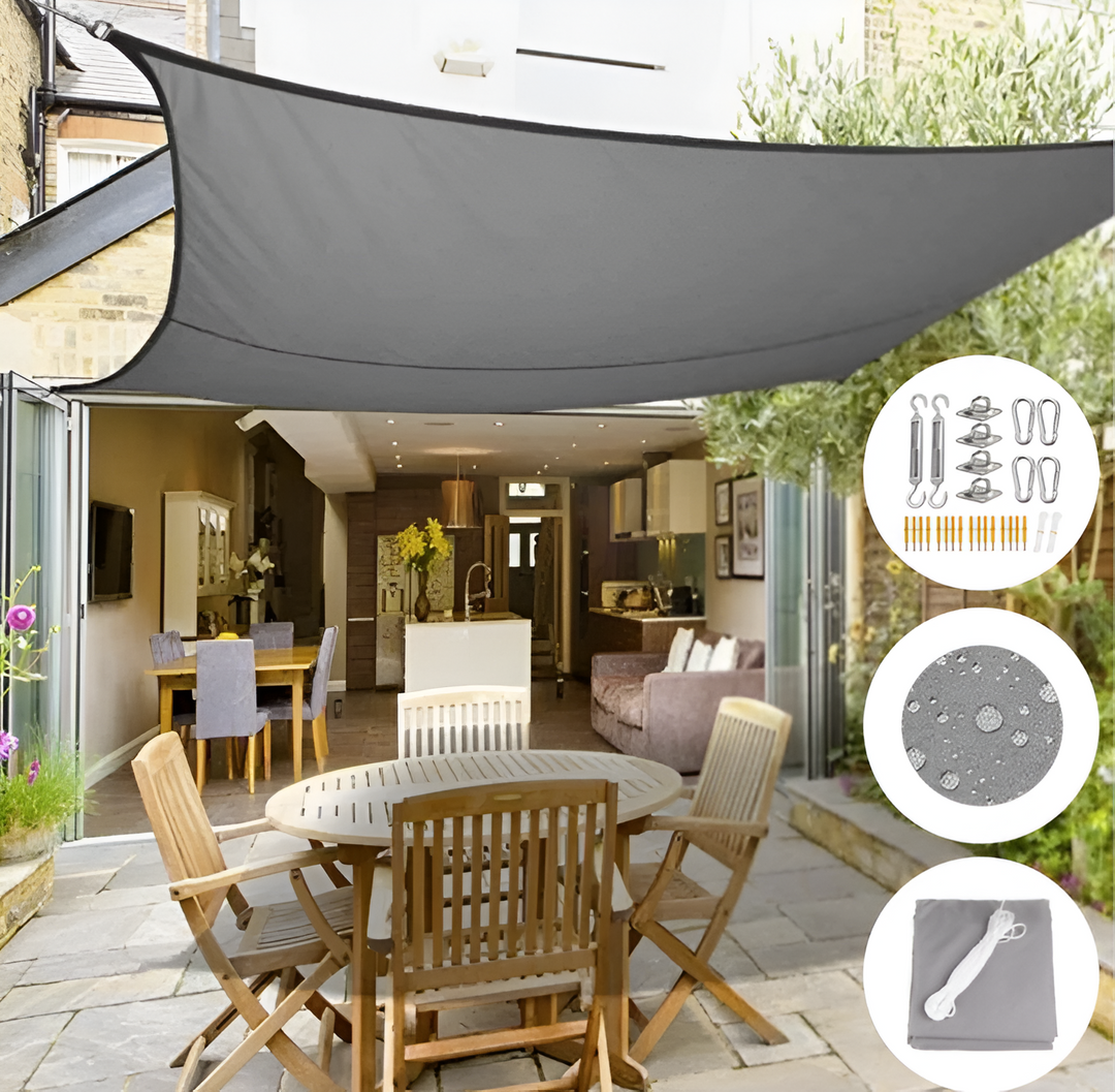 Voile d'ombrage anti-UV carré beige pour jardin et terrasse, protection solaire optimale.