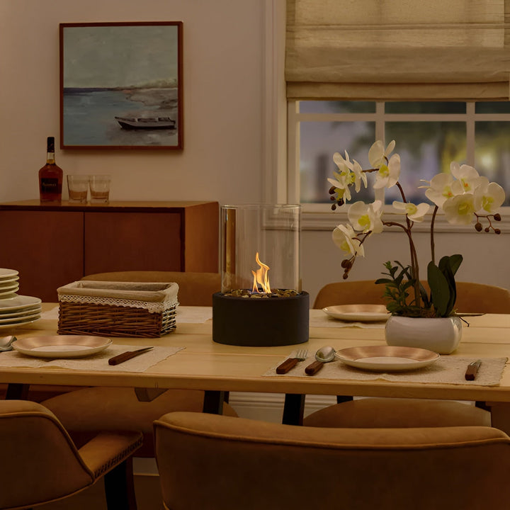 Foyer de table bioéthanol sans fumée, cheminée portable pour une ambiance propre en intérieur ou extérieur.