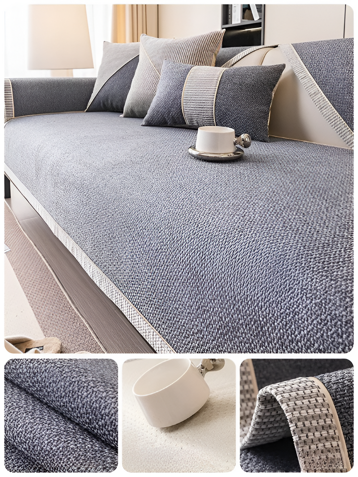 Housse de canapé LuxuraGuard bleue, antidérapante et lavable, pour un entretien facile.