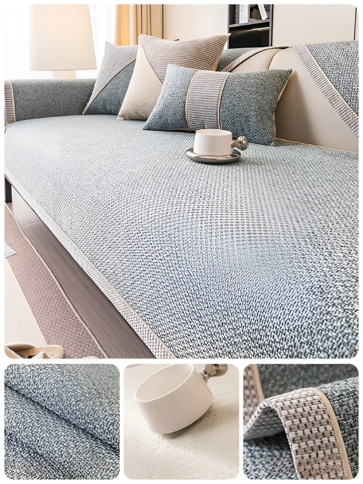 Confort et protection: housse de canapé LuxuraGuard gris clair antidérapante, facile d'entretien.