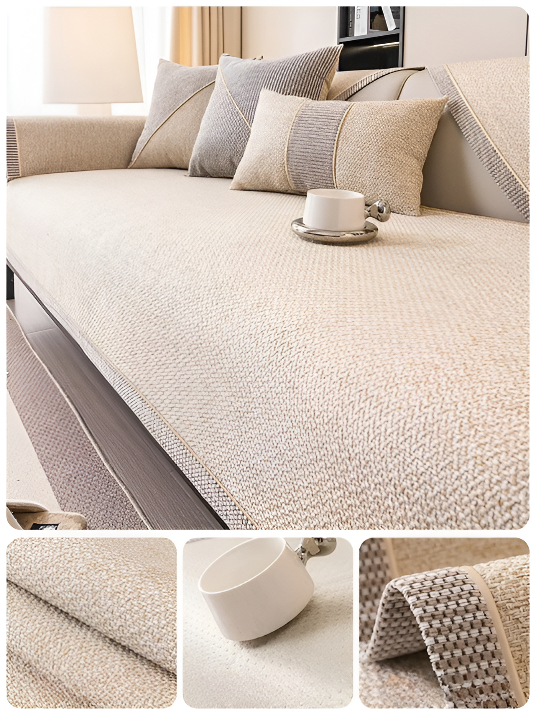 Housse antidérapante LuxuraGuard gris clair, textile maison pour un salon chic et protégé.