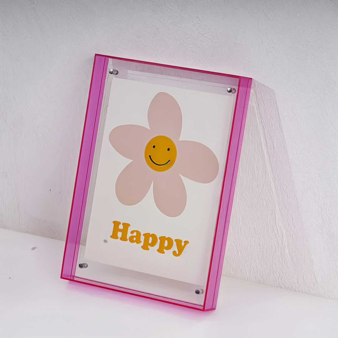 Cadre photo acrylique, style néon personnalisable, pour rehausser votre décor avec originalité.